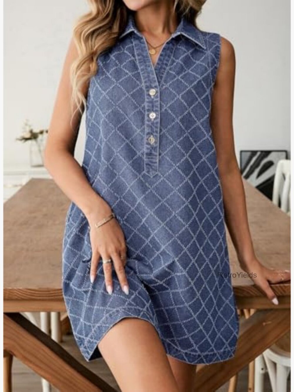 Sleeveless V-Neck Button Mini Jean Dress with Pockets - Picture 5 of 7